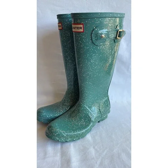 Hunter Tall Glitter Rain Boots Teal Green Waterproof Original Size US 5 - Picture 2 of 9